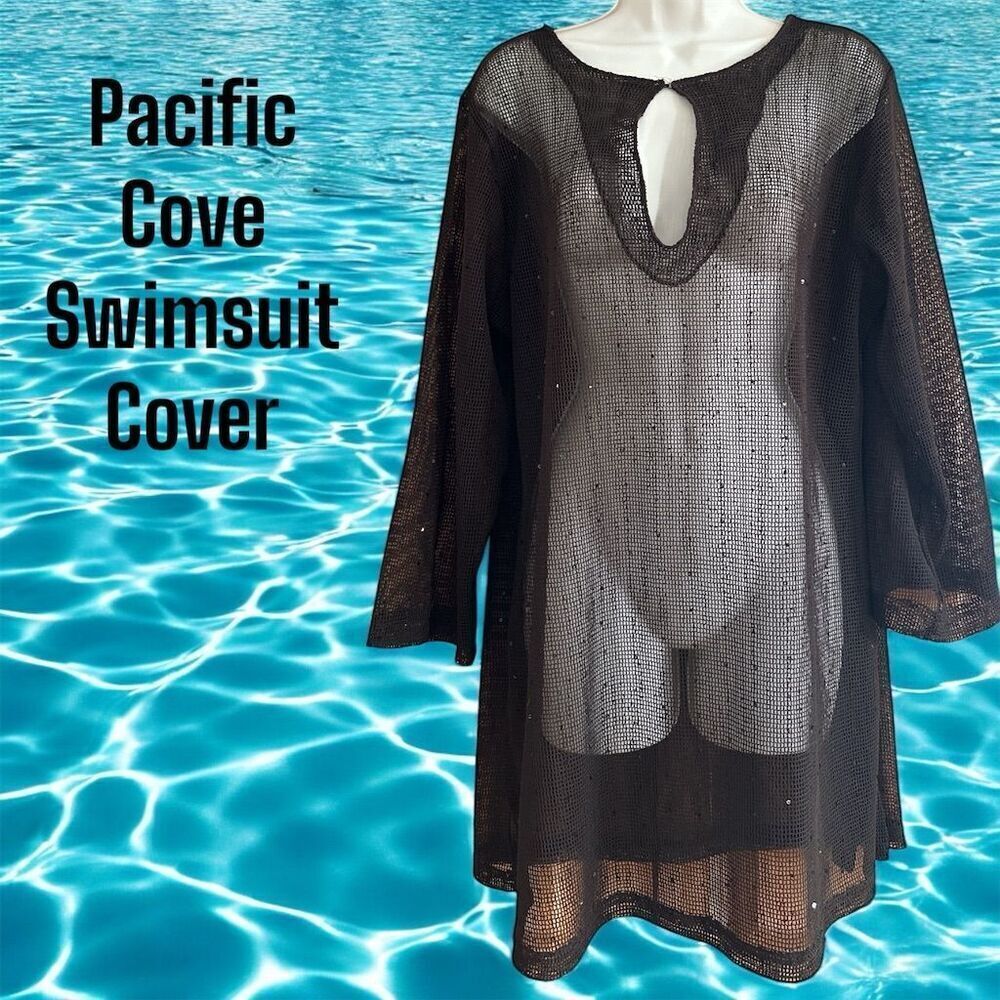Pacific Cove Women's Sheer Brown Tiny Sequin Keyhole Front Swimsuit Cover-Up